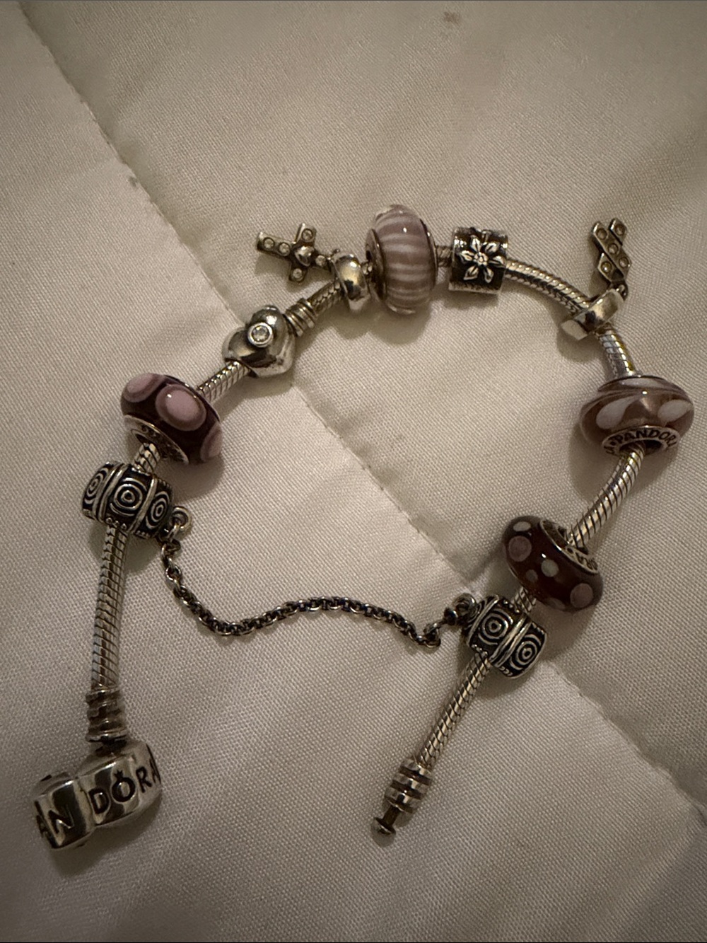 Pandora Sterling Silver Bracelet with Pink and Mauve Murano Glass and Charms